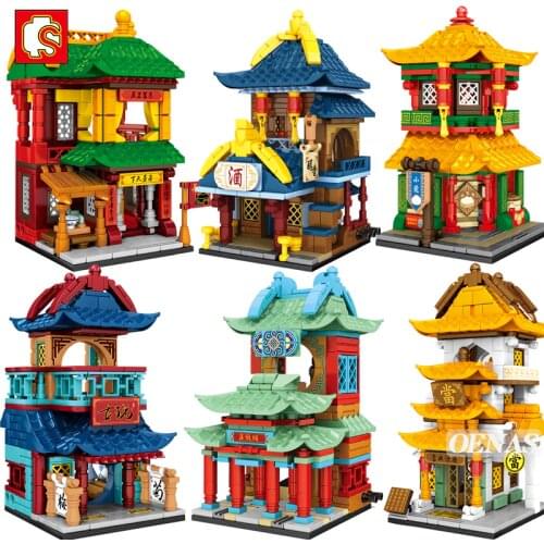 SEMBO MOC City Street View Architecture Chinese Tradition Tavern Smithy Tea Fabrics Shop Building Blocks Model Toy Birthday Gift
