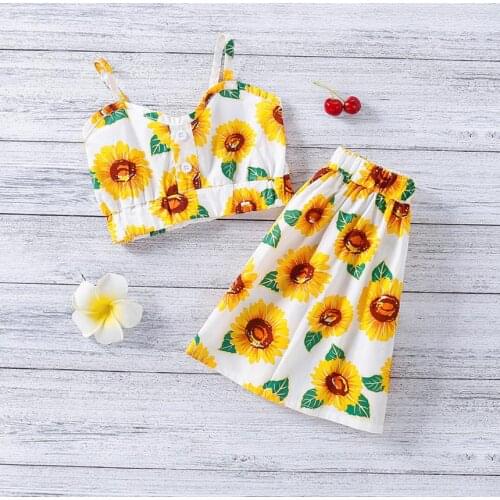 Sweety Girls Clothing Set Sunflower Print Sleeveless Sling Tops Skirt Two-piece Suit Vacation Childrens Sets 2pcs