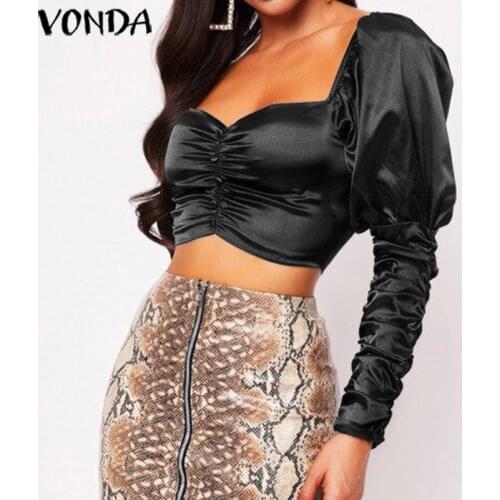 Women Party Blouse Plus Size VONDA 2021 Sexy Tunic Square Neckline Long Puff Sleeve Solid Color Tops Skinny Clubbing Crop Tops