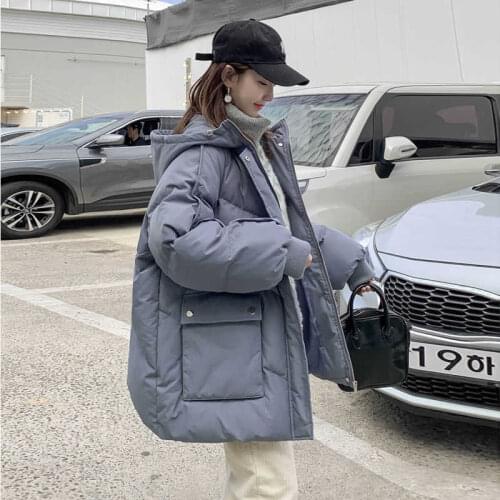 Women Hooded Padded Jacket Short Bread Loose Cotton Thick Warm Bf Coat Big Pocket Harajuku Student Casual Outerwear
