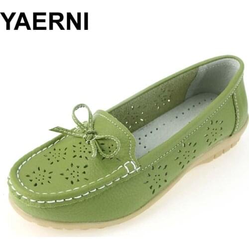 YAERNI 2017 Cutouts Genuine Leather Shoes Flat Cut outs Women Shoes Ballet Flats Women Four Seasons Nurse Bowtie Loafers Flats