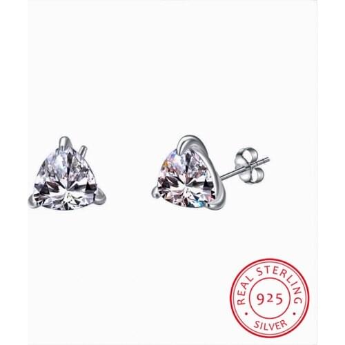 Crystal Female Small Triangle Stud Earrings Cute Lab Diamond Sapphire Earrings 100% Real 925 Sterling Silver Earrings For Women