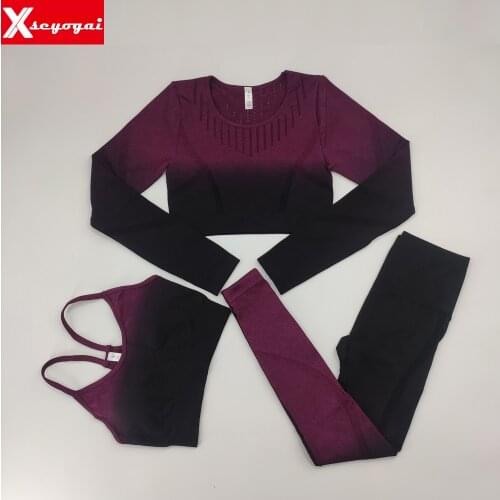 Ladies Seamless Yoga suit Gradient Fitness Bra Tight Leggings Long Sleeve Sports Top 3-Piece Running Fitness Workout Sportswear