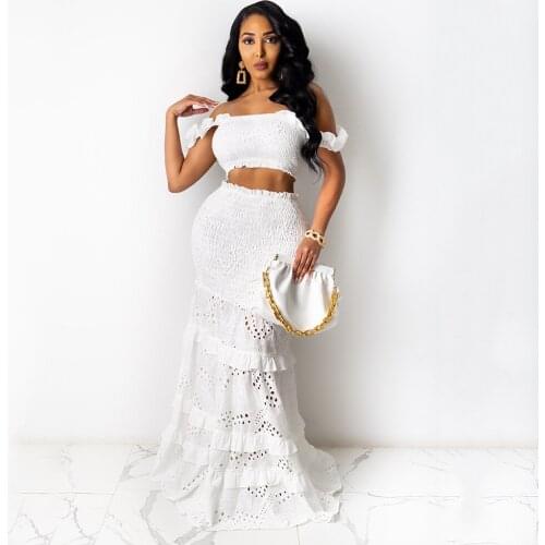 Summer Women 2021 White Two-piece Suit Strapless Tops Fishtail Lace Hollow Long Skirt Matching Set 2 Piece Female Sexy Outfits