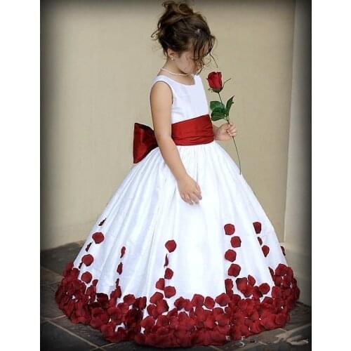 White and Red Princess Flower Girl Dresses Floor Length Matched Bow Sash Petal Taffeta Ball Gown Long Girl Party Pageant Gown