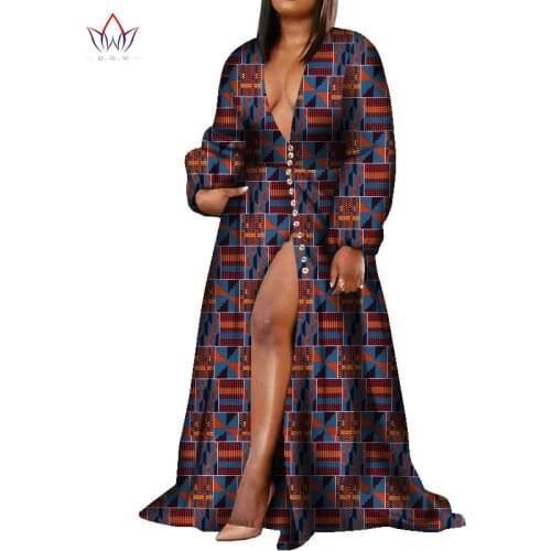 BintaRealWax African Dresses for Women Dashiki Deep V-neck Dress for Party Bazin Rich Spit African Wax Print Dresses WY8099