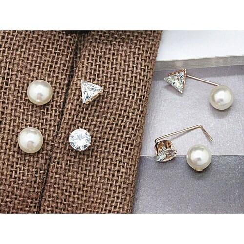 Fashion Personality Geometric Zircon Pearl Bend Pole Bar Scarf Lapel Pins Anti-fade Minimalist Cardigan Buckle Pin 1PAIR