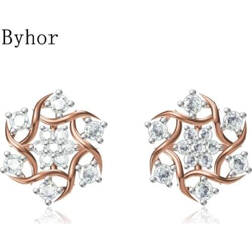 Byhor Solid 14K White/Yellow+White/Rose+White Gold 0.6ct H/SI Natural Diamonds Stud Earrings Women Flower Cерьги Fine Jewelry