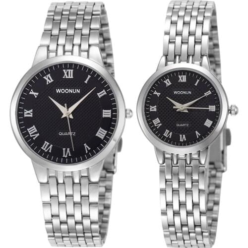 WOONUN Fashion Lovers Watch Stainless Steel Quartz Couple Watches Luxury Ultra Thin Mens Womens Watches Men Women Wristwatches