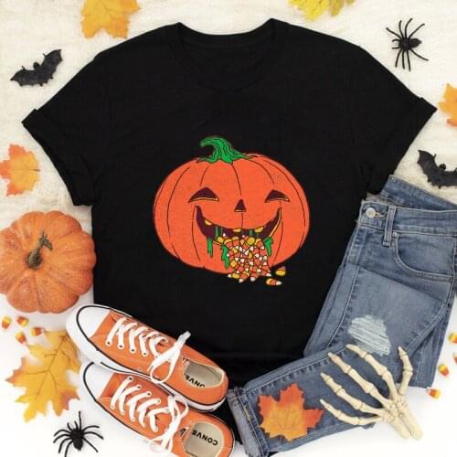 Colored Canday Pumpkin 100% Cotton T-shirt Funny Autumn Halloween Party Tshirt Cute Women Graphic Holiday Fall Tee Shirt Top