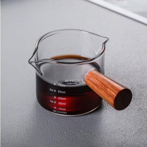 Wooden Handle Double Mouth Glass Milk Cup Scale 75ml Coffee Ounce Measuring Cup Household Cafe Shop Metering Transparent Mug