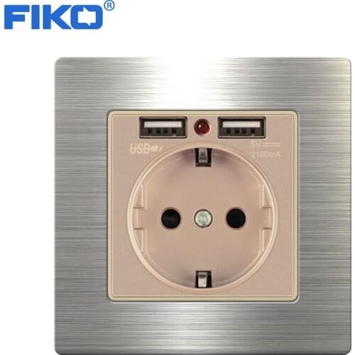 FIKO Dual USB Charging Port 5V 2.1A LED Indicator 16A Wall EU Power Socket Outlet Stainless Steel Panel Gold Grey Black White