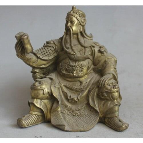 Chinese Brass Seat Guan Gong Yu Warrior God Read Book Wear Dragon Robe Statue