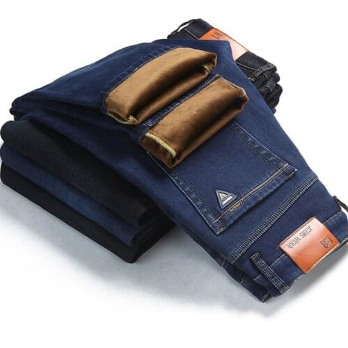 2021 Sulee Brand Stretch Slim Jeans Winter Thick Warm Fleece Jeans Embroidery Cotton Denim Pants Male Brand Trousers