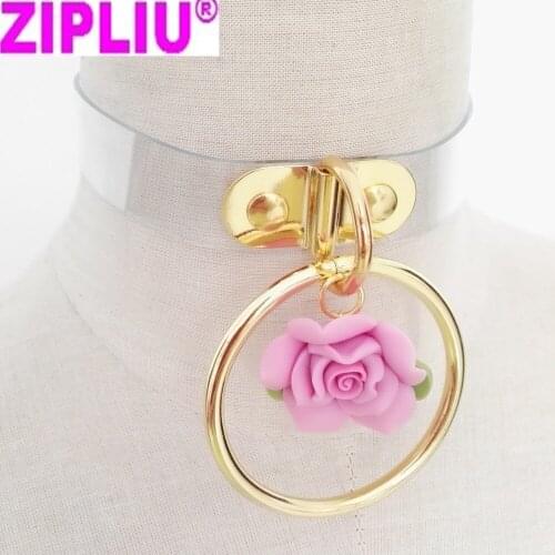 New Fashion Sexy Harajuku Leather Punk Choker Necklace Flower Gold-color O-Round Rivets Collar handmade goth torque hot rock