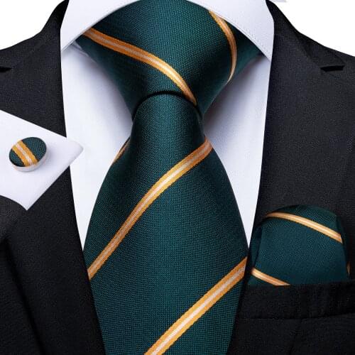 New Green Gold Striped Mens Silk Ties 8cm Business Wedding Party Necktie Pocket Square Cufflinks Men Gift Gravatas DiBanGu