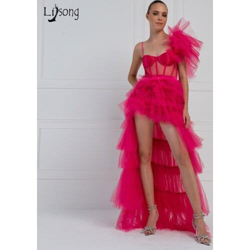 Sexy Hot Pink Ruffles Tiered Asymmetrical Tulle Prom Dresses See Thru Long Mesh Prom Gowns Draped Tutu Party Dress