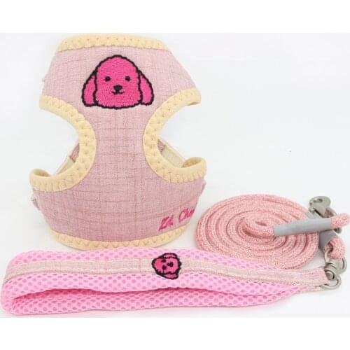 Dog Harness Leash Set Adjustable Clip Breathable Lining Cute Embroidery Lattice for Small Medium Dog Leashes Outdoor
