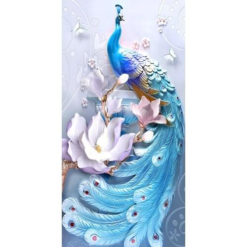 Relief Blue Peacocks Diamond Painting Full Round Floral Animal New DIY Sticking Drill Cross Embroidery 5D Home Decoration
