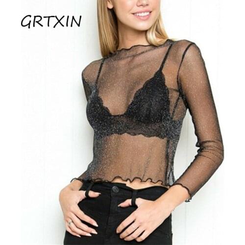 Sexy Mesh Shiny Long Sleeve T Shirt Women Spring Transparent Club Party Black Tee Shirts Sexy Thin O Neck Short Tops