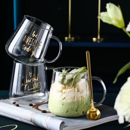 Letter Printed Glass Mugs Gold Plating Transparent Creative Glass Coffee Tea Drinks Dessert Breakfast Milk Cup Handle Drinkware