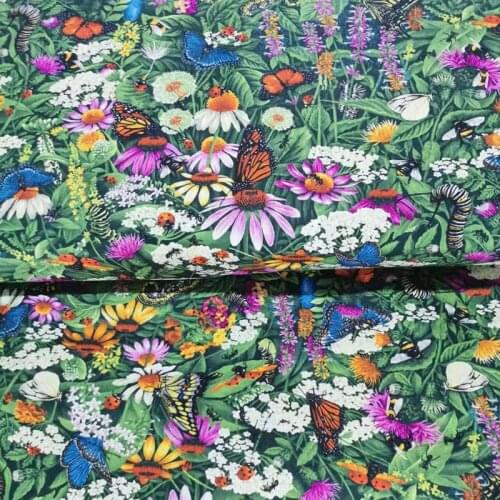 Viaphil 100% Cotton Fabric Brand New Green Leaf Colorful Flowers Butterfly Printed Sewing Cloth Dress Clothing Textile Tissue