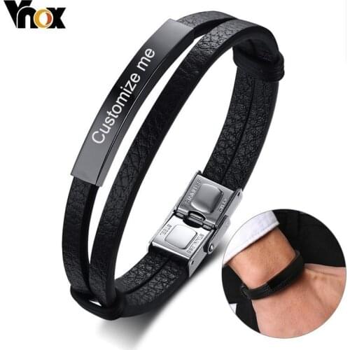 Vnox Personalized Stainless Steel ID Tag Women Mens Bracelets Genuine Leather Bangle Engraving Name Date Custom Gift