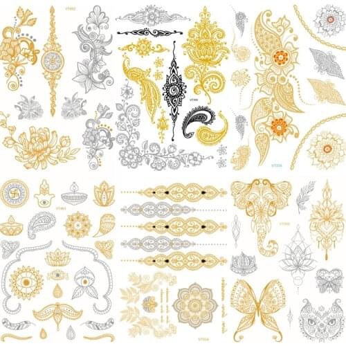 6 Sheets Temporary Translation Tattoos Stickers Golden Tattoo 3d Stickers Aribal Festival Bride Tattoo Flower Gold Tattoo Woman