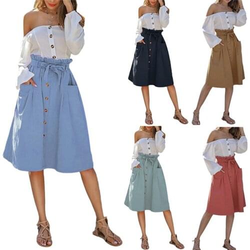Women Stylish Pocket Solid Color Skirt Summer Fashion Button Decoration Skirt for Ladies Girls
