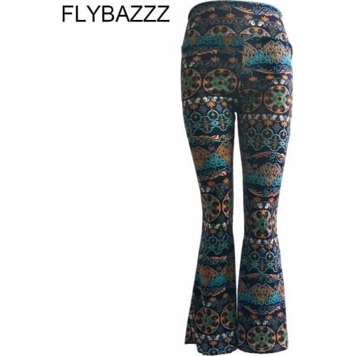 Women Retro Print Long Yoga Pants High Waist Wide Leg Pants Female Club Wear Bandage Boot Cut Pants Fashion Streetwear Trousers