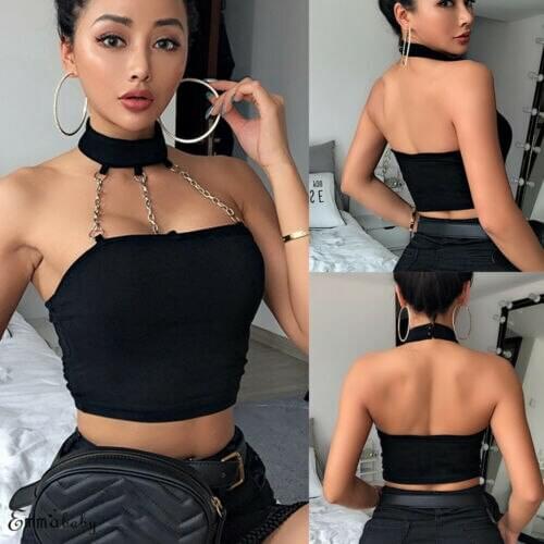 Women Sexy Black Crop Tank Tops 2019 New Women Summer Sexy Metal Chain Backless Sleeveless Black Crop Tank Tops