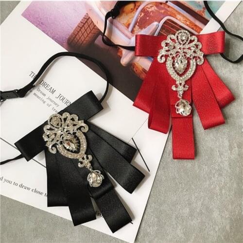 Women Men Vintage Large Bow Tie Head Diamod Crystal Ribbon Elegant Costume Jewelry Collar Pin Wedding Party Uniform Accessory