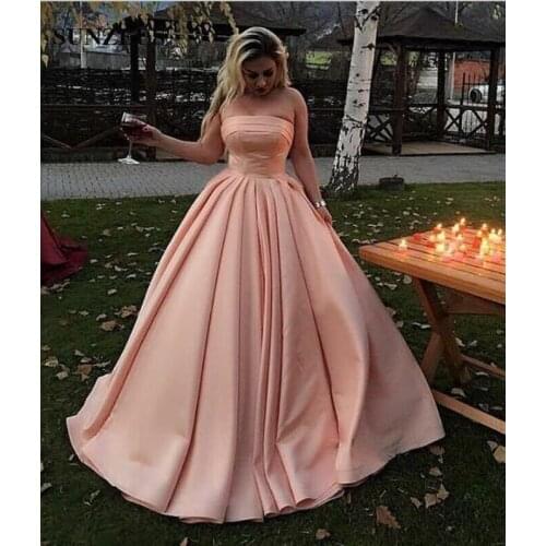 2020 Blush Pink A Line Evening Dresses Sexy Strapless Satin Floor Length Prom Dresses Abendkleider Dresses Evening Formal Dress