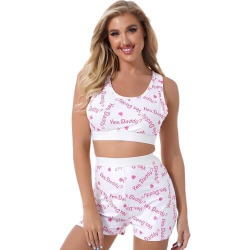 Women Round Neck sleeveless Lingerie Sleepwear Letter Print Pajamas Set Summer Sports Yoga Outfits Cropped Tank Top with Shorts