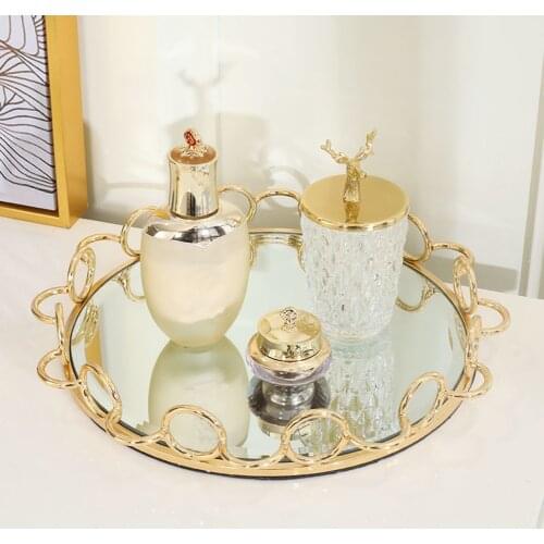 Golden Plate Candy Dessert Tray Geometric Plating Metal Glass Mirror Platter Jewelry Display Plates European Rustic Home Decor