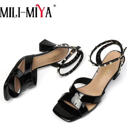 MILI-MIYA Cow Patent Leather Pearls Sandals Square Open Toe Ankle Buckle Strap Comfortable Block High Heel Wedding Party Shoes