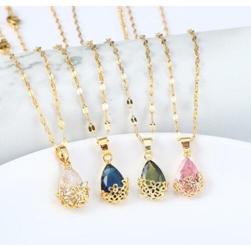 316L Stainless Steel Pink Crystal Water Droplets Pendant Charms Chain Choker Necklace For Women Fashion Fine Jewelry SAN660