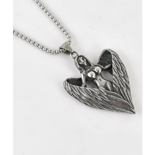 Black Knight Vintage silver color wings Beauty Angel Pendant necklace stainless steel wings Fairy necklace personal BLKN0746