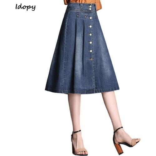 Idopy 2018 Summer Casual Womens Vintage Washed Denim Skirts High Waist Single Breasted Cowgirls A-line Jean Skirts For Women