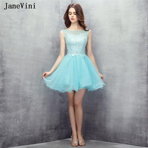 JaneVini Elegant Sky Blue A Line Homecoming Dresses Scoop Neck Appliques Beaded Short Mini Sexy Backless Tulle Prom Party Gowns