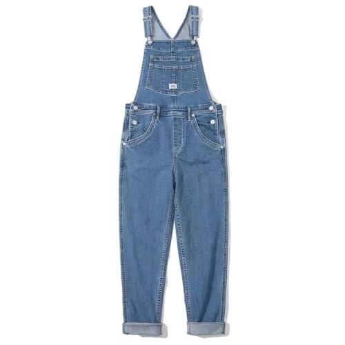 Fashion blue loose jumpsuit mens jumpsuit denim feet jeans Korean hip-hop streetwear overalls