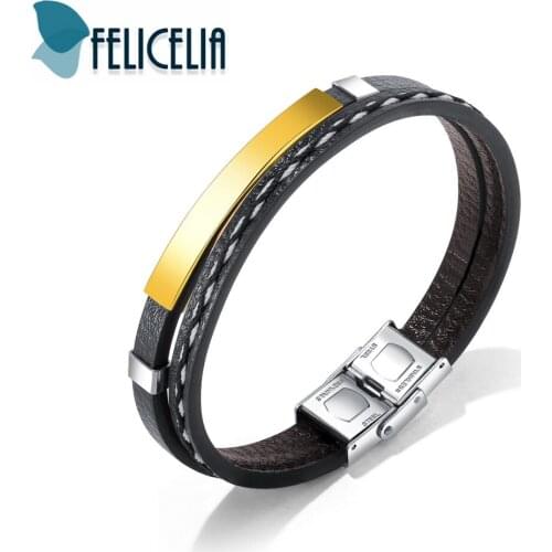 Felicelia Punk Stainless Steel Black PU Leather Bracelet Bangle For Men Boys Fashion Jewelry Vintage Wrap Bracelet Wristband
