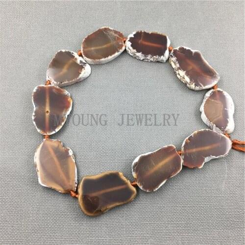 MY1135 Freeform Brown Slice agates With white edges Slab Drilled Beads For DIY Jewelry 15.5 Inch Strand