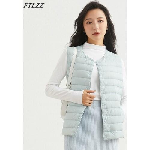 FTLZZ Winter Ultra Light Down Short Vest Jacket Women White Duck Down Warm Sleeveless Coat Solid Routine Slim Underwaist Outwear
