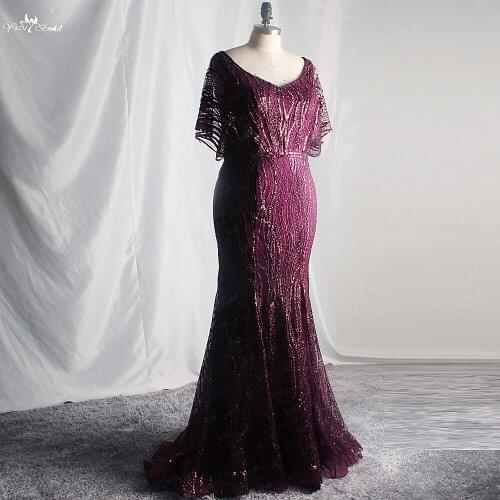 RSE926 Shine Glitters Leaves Pattern Lace Bat Sleeves Mermaid Vestidos De Fiesta De Noche Largos Elegantes Evening Purple Dress