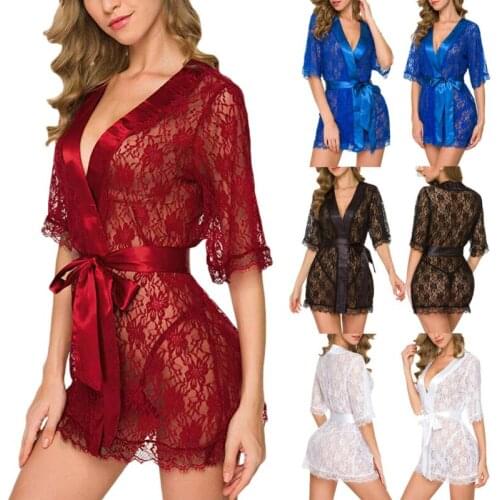 Sexy Lingerie Women Silk Lace Robe Dress Babydoll Nightdress Nightgown Sleepwear Plus Size S-2XL