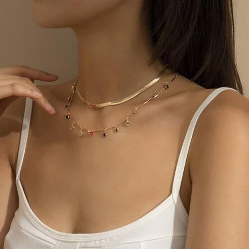 SRCOI Multi Layered Flat Snake Chain Choker Necklaces With Rainbow Rhinestone Crystal Pendant Bohemia Clavicle Necklace 2Pcs/Set