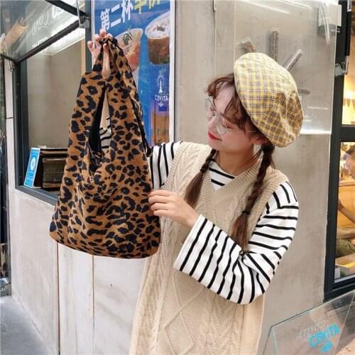 Raged Sheep Fashion Durable Women Student Corduroy Shoulder Bag Leopard Large Capacity Shopping Tote For Girls Sac Cabas Femme