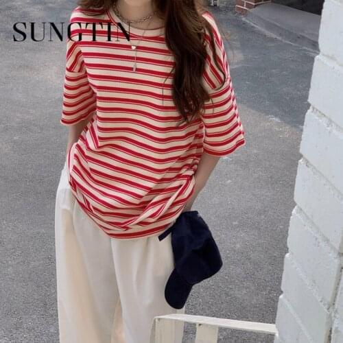 Sungtin Summer Striped Short Women O Neck Loose Casual Short Sleeve Kawaii Korean Chic Sweet T Shirts Normcore/Minimalist 2021