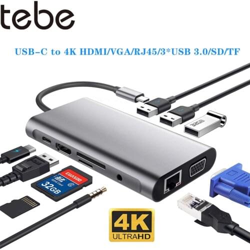 10 IN 1 Type C Hub Splitter USB C to 4K HDMI VGA RJ45 Gigabit Ethernet Dock Station 3.5mm SD TF Card Reader For Macbook Pro